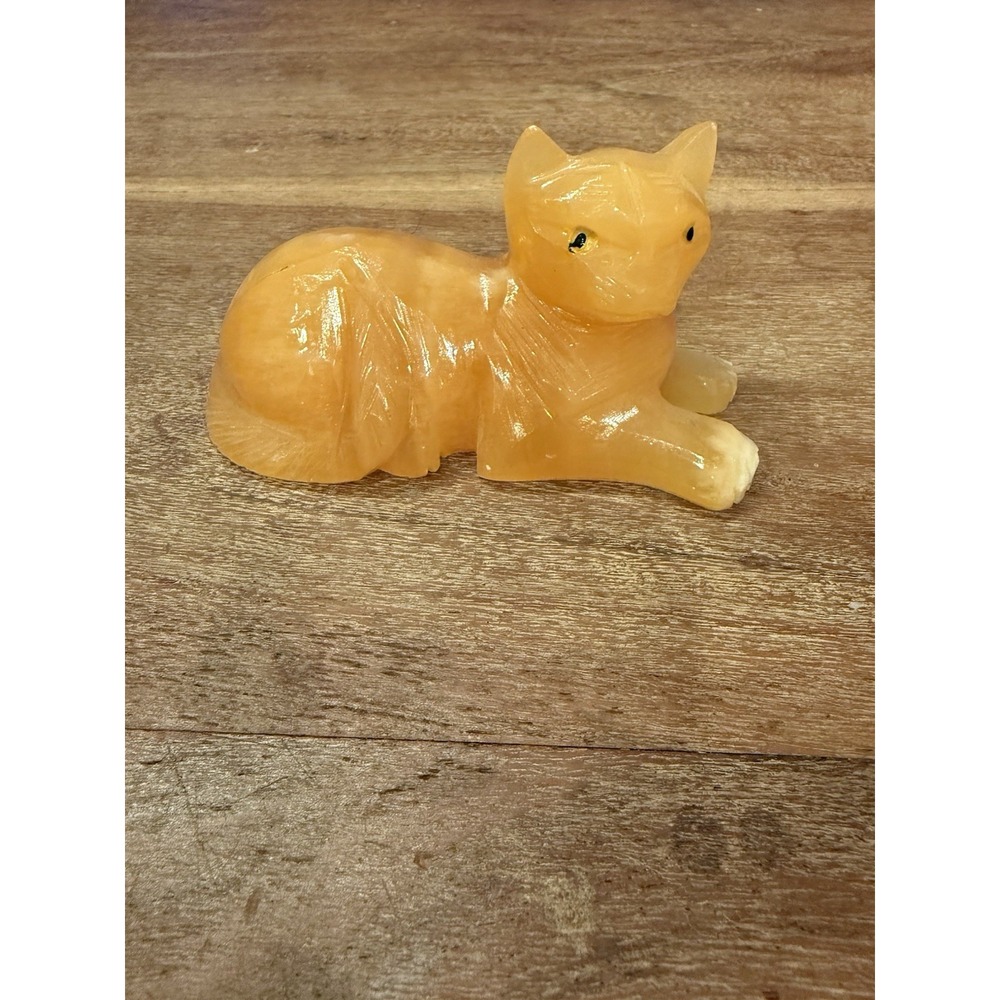 Vintage Hand Craved Orange Calcite Gemstone Cat‎ Figurine Natural Stone